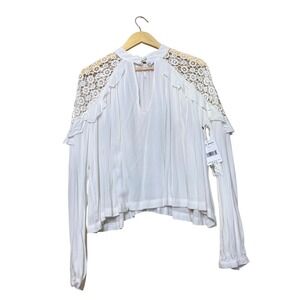 Free People White Crochet Lace Ruffle Long Sleeve Blouse Top  M